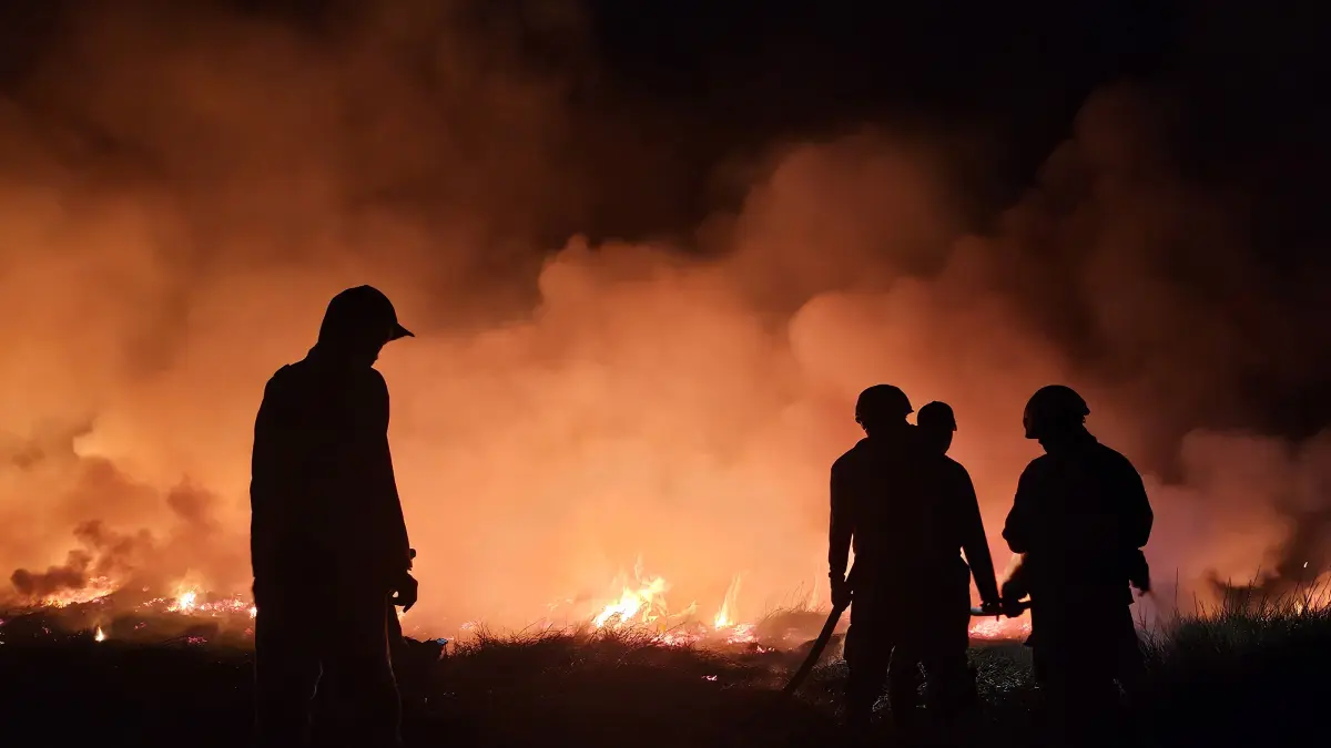 Petugas gabungan dari BPBD dan relawan saat berjibaku memadamkan kebakaran hutan dan lahan (karhutla) di kawasan Landasan Ulin, Banjarbaru. &nbsp;(Foto: Dok. BPBD Banjarbaru untuk Radar Banjarmasin)