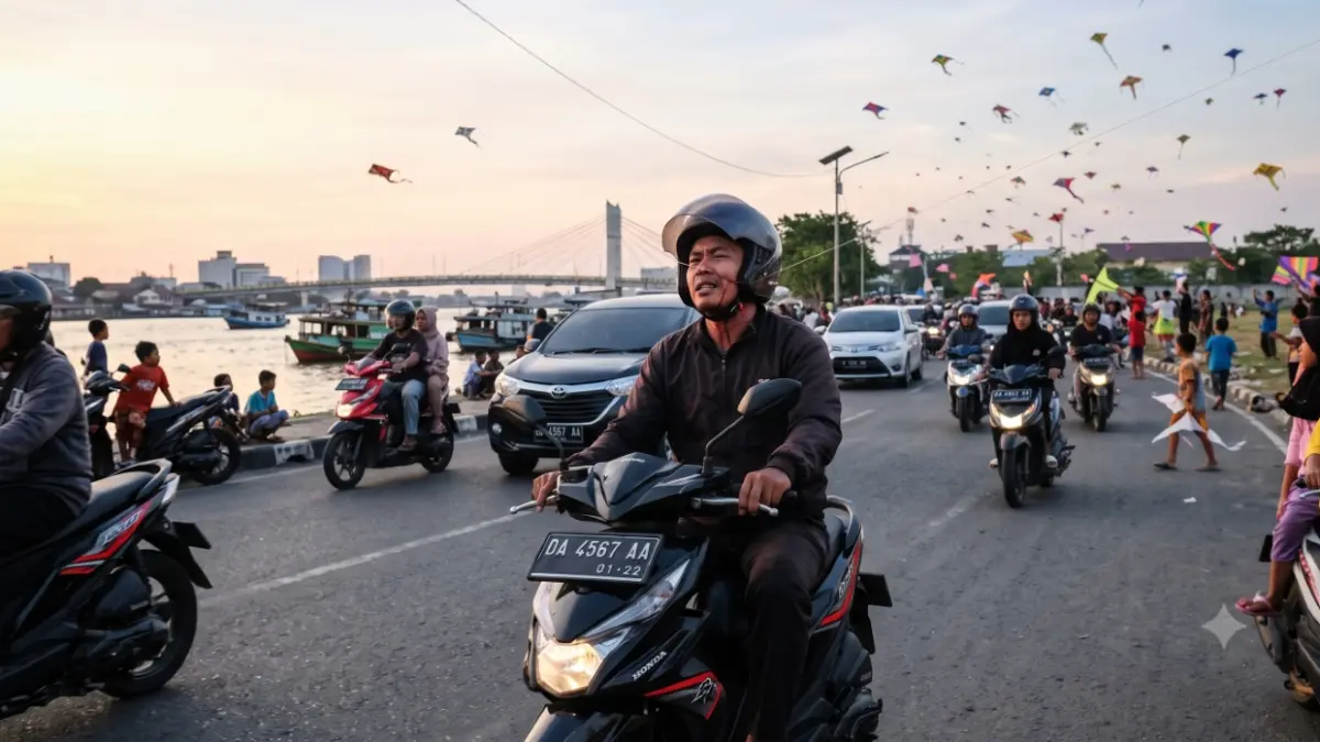 Foto ilustrasi tali layangan yang membahayakan pengendara Banjarmasin. (Foto: Google/Gemini)