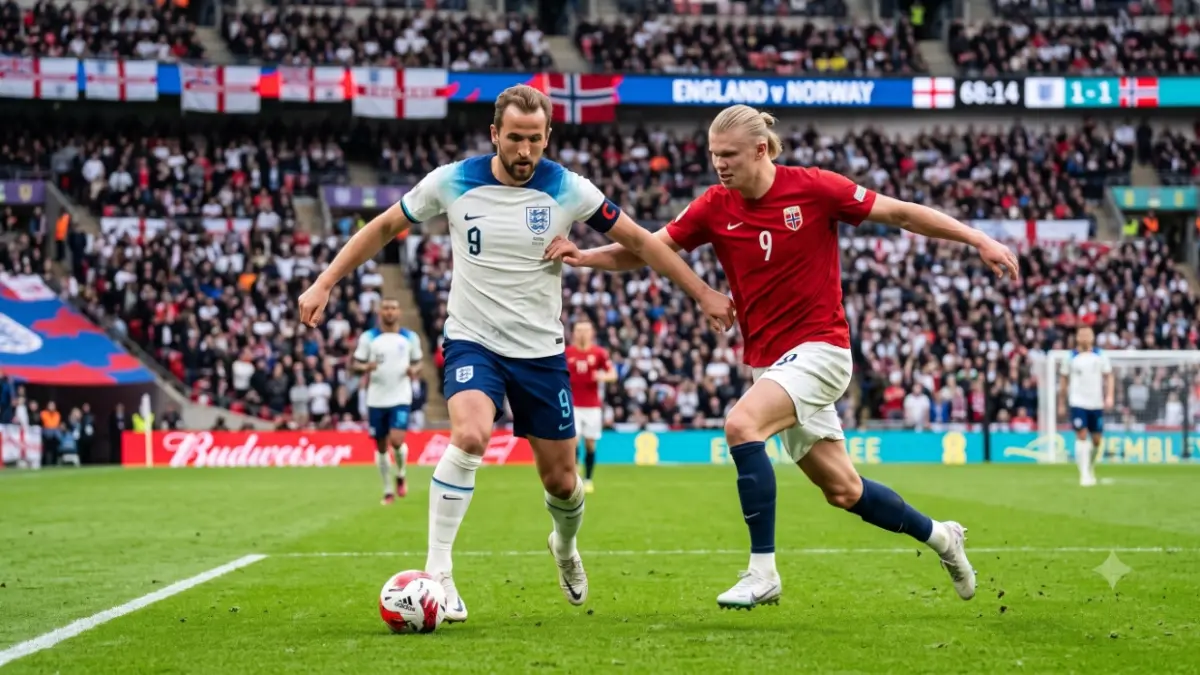Foto ilustrasi Harry Kane vs Erling Haaland. (Foto: Gemini/Google)