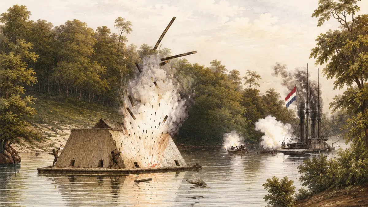 ILUSTRASI: Pertempuran kapal uap Angkatan Laut Belanda Celebes melawan benteng terapung di Pulau Kanamit pada 6 Agustus 1859, dalam rangkaian Perang Banjar.
