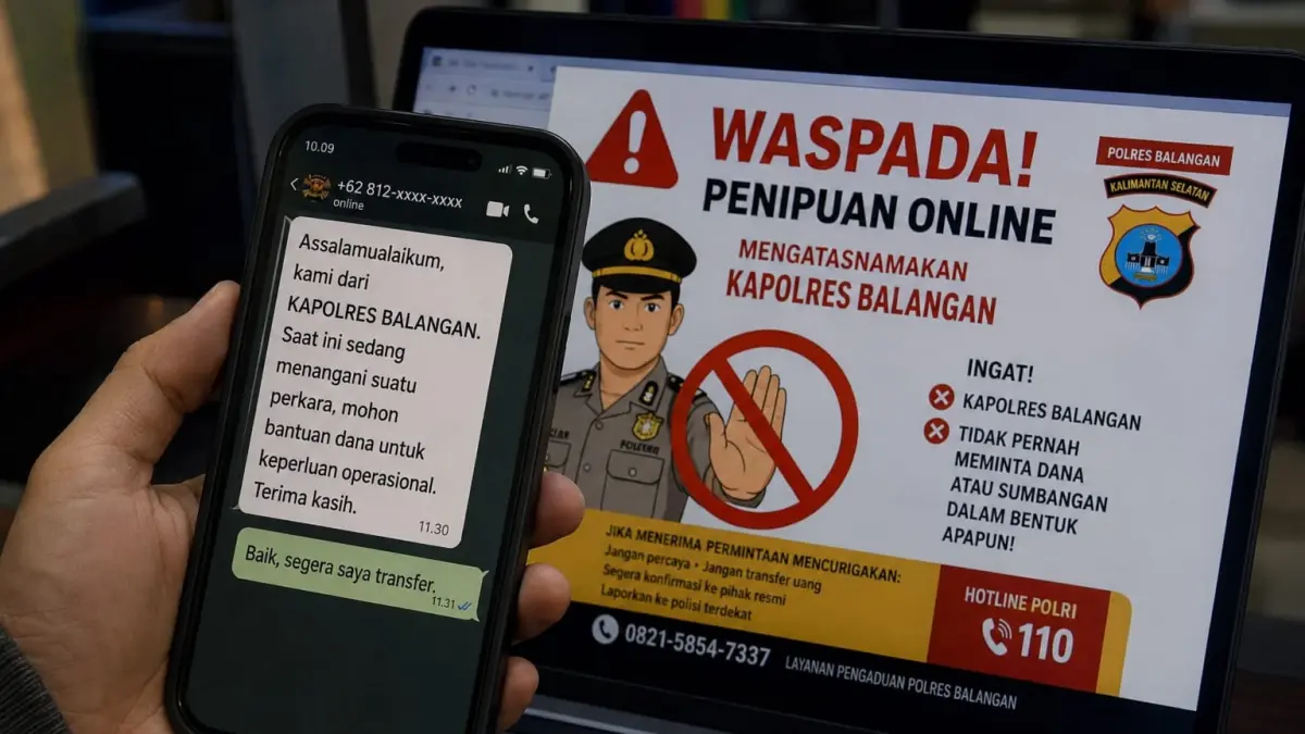 PENIPUAN: Ilustrasi penipuan online yang mengatasnamakan Kapolres Balangan dengan modus meminta transfer dana melalui nomor tidak resmi. (AI GENERATED)