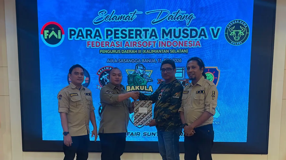 TERPILIH: Indra Raysar Perdana resmi terpilih sebagai Ketua Pengurus Daerah Federasi Airsoft Indonesia (FAI) Kalimantan Selatan dalam Musyawarah Daerah V FAI Pengda III Kalimantan Selatan di Aula Sasangga Banua, Banjarmasin, Sabtu (11/7/2026). (dok FAI)