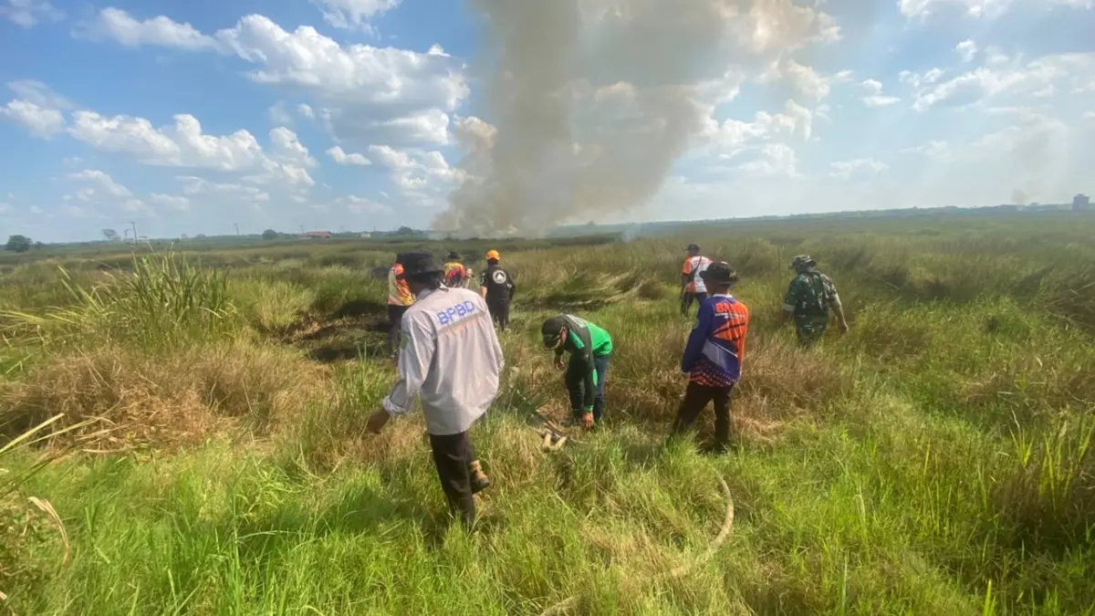 PADAM: Personel Pusdalops BPBD Tapin memadamkan kebakaran lahan semak belukar di Kecamatan Tapin Utara. (Foto: Pusdalops BPBD Tapin)
