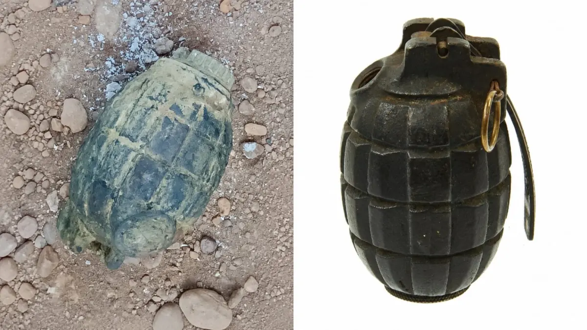 PERBANDINGAN: Granat tangan yang ditemukan di Desa Aranio, Kabupaten Banjar (kiri), dibandingkan dengan ilustrasi granat Mills Bomb produksi Inggris sekitar 1915–1916 yang dinilai memiliki kemiripan bentuk. (Foto: Kasi Humas Polres Banjar/Mansyur)
