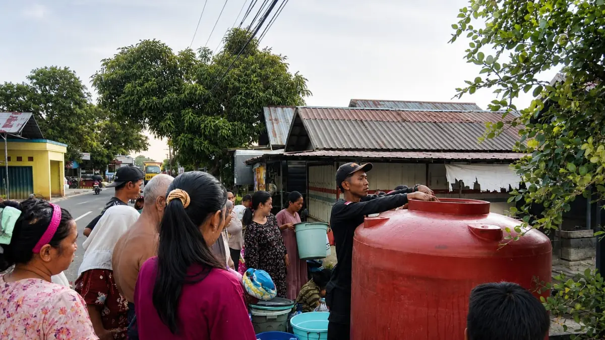 Petugas BPBD Kabupaten Banjar bersama relawan menyalurkan bantuan air bersih kepada warga terdampak kekeringan di salah satu desa di Kabupaten Banjar tersebar. (FAFLAN ZAKIRI/RADAR BANJARMASIN)