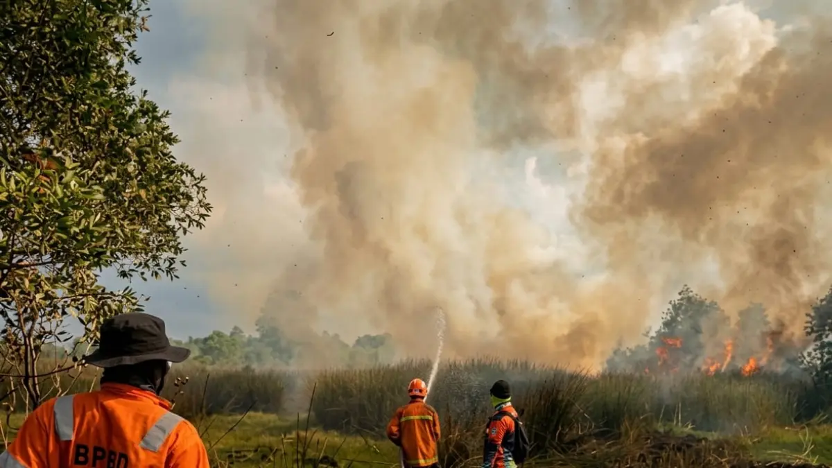 BERJIBAKU: Petugas gabungan memadamkan kebakaran hutan dan lahan di wilayah Kelurahan Landasan Ulin Timur, Kota Banjarbaru beberapa waktu lalu. (BPBD BANJARBARU)