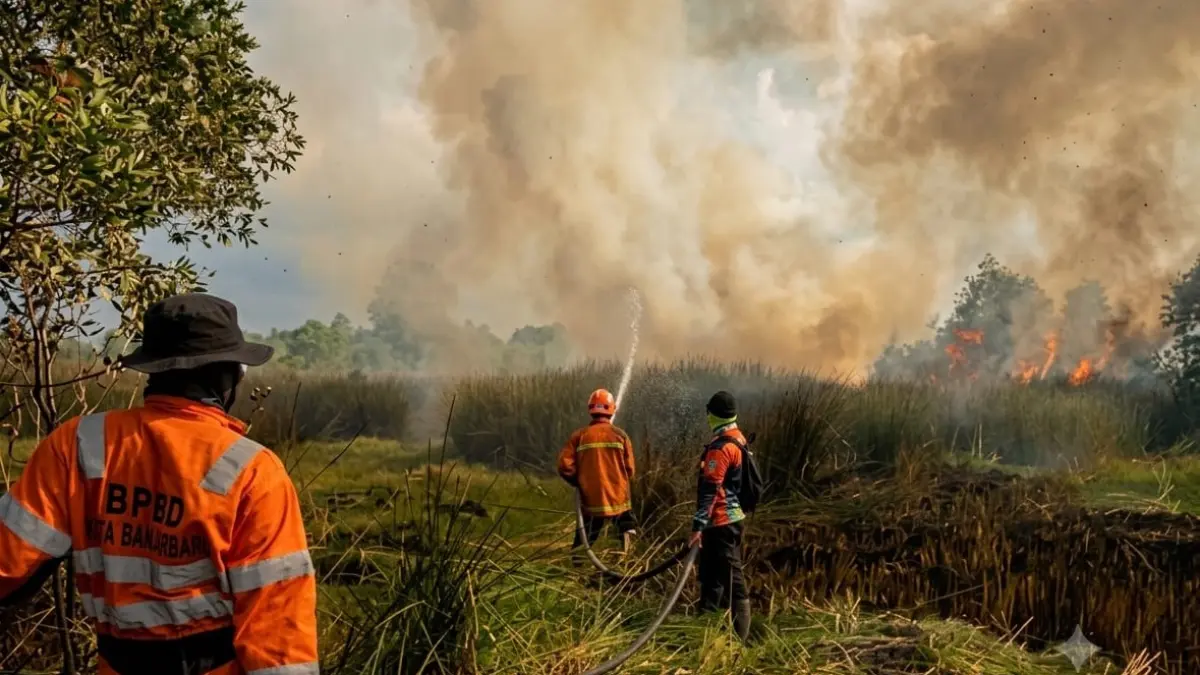 DIKEPUNG ASAP KARHUTLA: Petugas gabungan memadamkan kebakaran hutan dan lahan yang belakangan ini makin masif terjadi di Kota Banjarbaru. (Foto: MANGGALA AGNI DAOPS BANJAR)