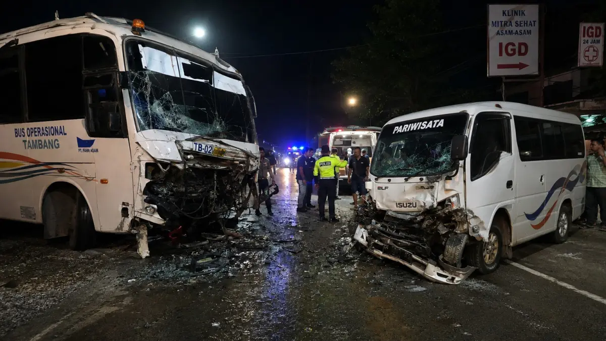 OLAH GAMBAR: Ilustrasi laka lantas antara bus operasional tambang dengan minibus pariwisata. 
