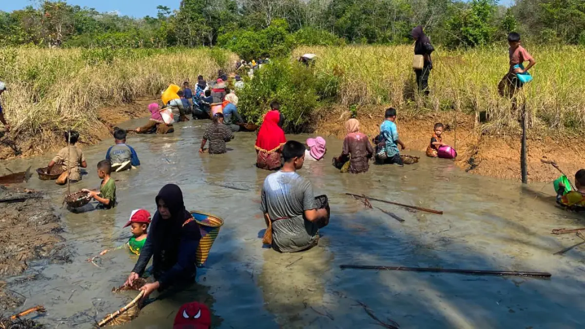 NYEBUR: Ratusan warga dari berbagai kalangan usia terjun ke sungai yang surut untuk mengikuti tradisi bagagap atau menangkap ikan beramai-ramai menggunakan alat tradisional di Desa Tebing Tinggi, Balangan.