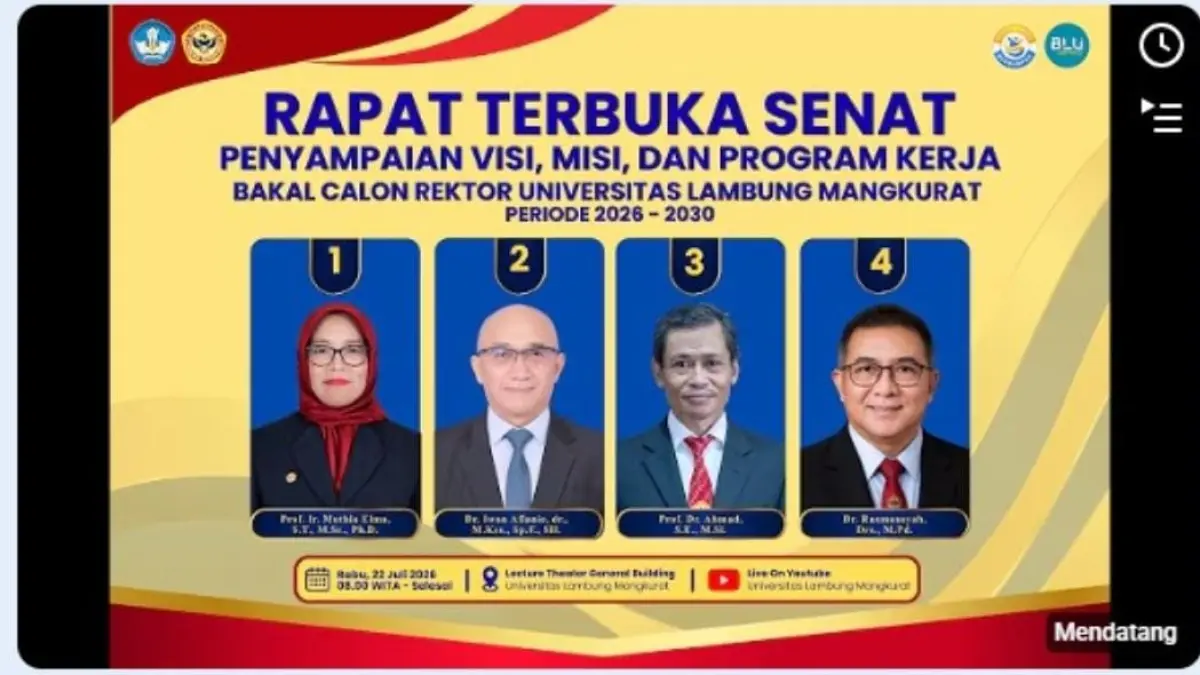 PENYAMPAIAN VISI MISI: Empat bakal calon Rektor Universitas Lambung Mangkurat (ULM) Periode 2026–2030 akan menyampaikan visi, misi, dan program kerja yang disiarkan langsung melalui kanal YouTube resmi ULM pada Rabu (22/7/2026).