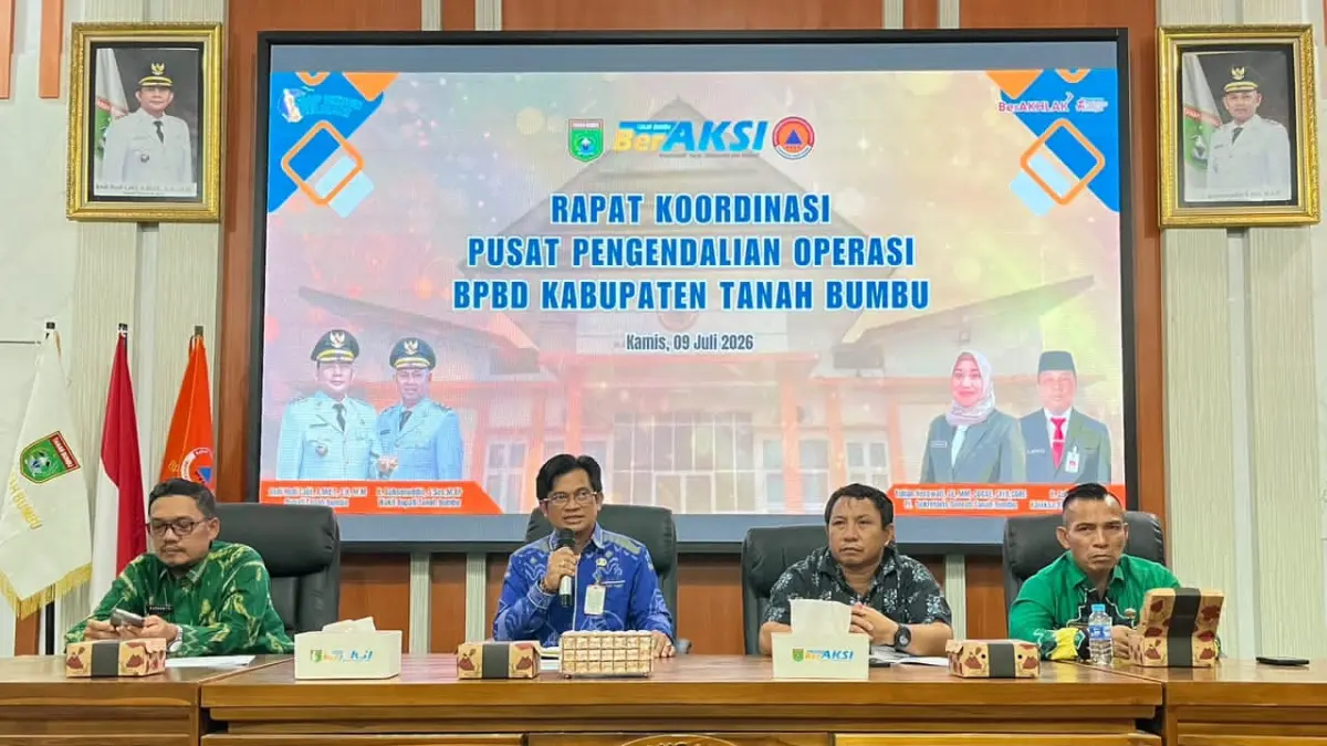 RAKOR: BPBD Tanah Bumbu menggelar rapat koordinasi Pusdalops-PB untuk memperkuat kesiapsiagaan menghadapi potensi kebakaran hutan dan lahan selama musim kemarau.