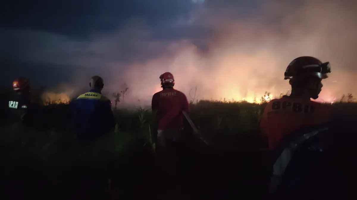 PEMADAMAN: Petugas Gabungan saat lakukan pemadaman kebakaran lahan semak belukar di Desa Amparaya pada Kamis sore (23/7/2026). (Foto: BPBD HSS)