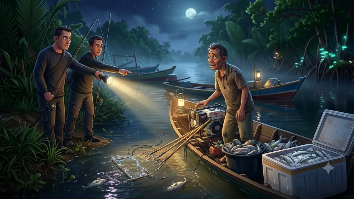 ILUSTRASI: Warga memergoki penangkap ikan dengan cara disetrum. (Foto: Gemini AI)&nbsp;