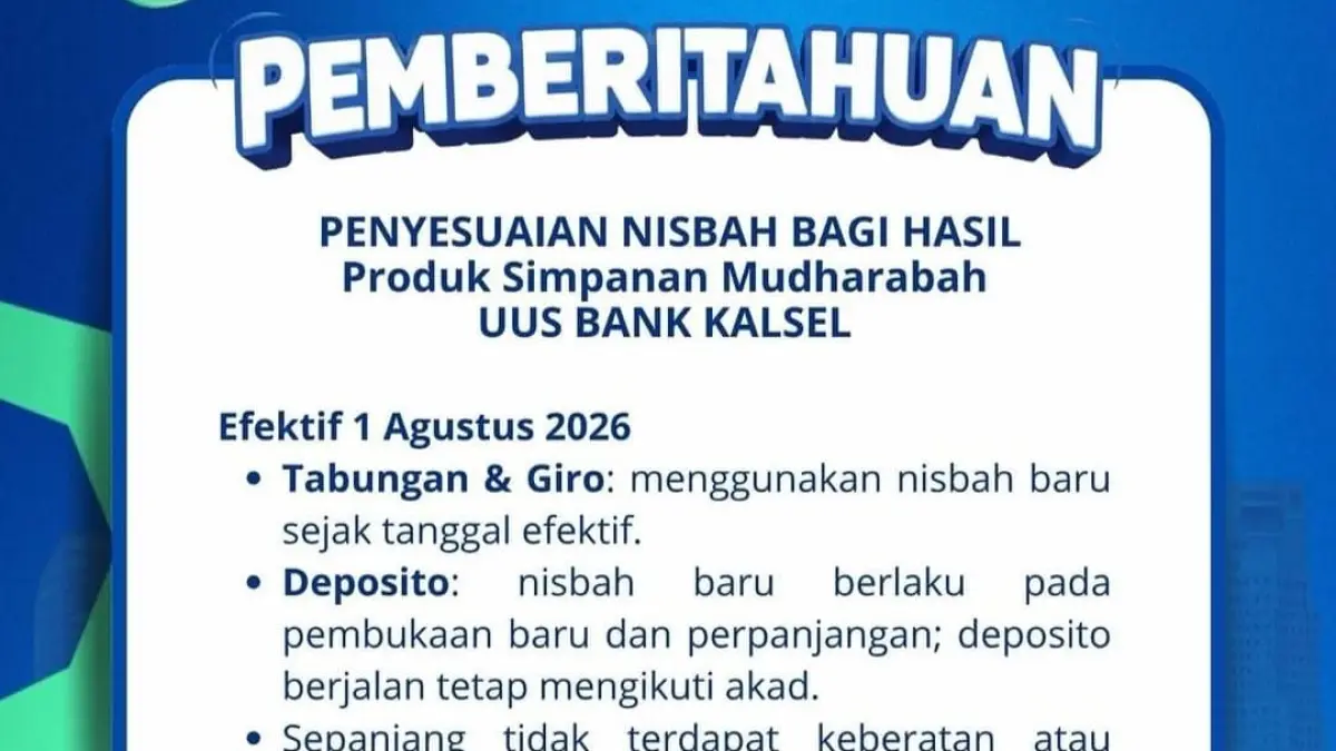 PENGUMUMAN: Penyesuaian nisbah bagi hasil produk simpanan mudharabah UUS Bank Kalsel.(Foto: Bank Kalsel) 