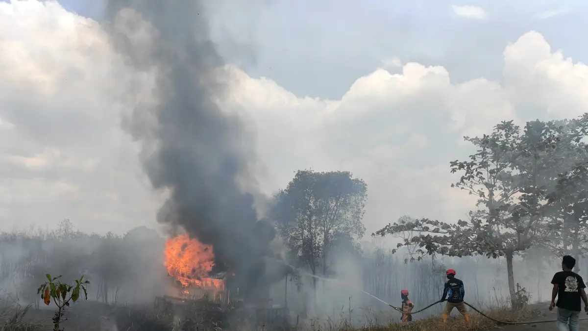 Petugas gabungan saat berjibaku memadamkan kebakaran hutan dan lahan di kawasan Transad Guntung Manggis Ujung (Sheilla/Radar Banjarmasin)&nbsp;