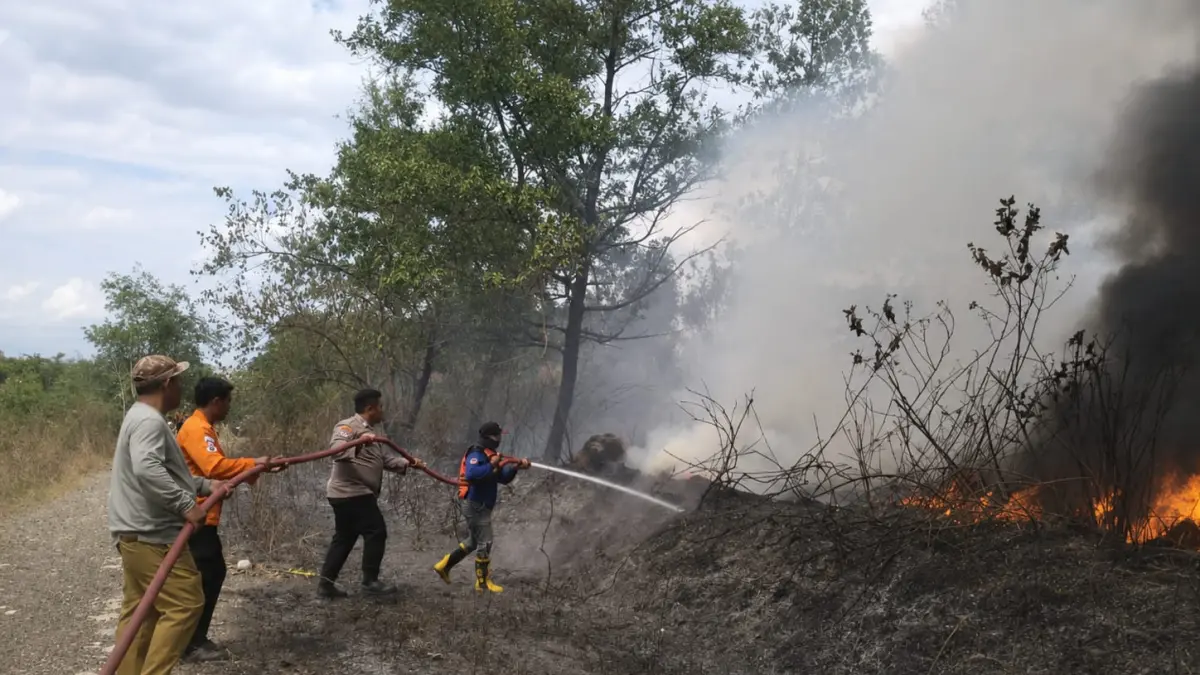 PADAMKAN: Petugas gabungan saat mencoba memadamkan api yang membakar semak belukar di Kecamatan Bungur. (Foto Pusdalops BPBD Tapin)&nbsp;