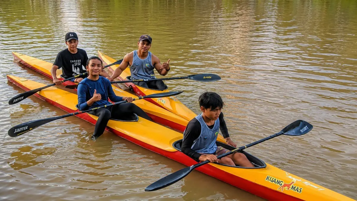TERHAMBAT : Atlet PODSI Tala saat menjalani latihan di aliran sungai Desa Banyu Irang, Kecamatan Bati-Bati.