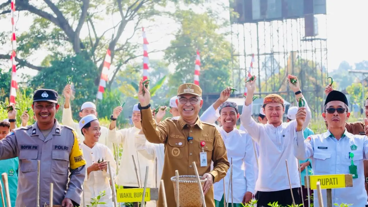 POTENSI: Wakil Bupati HSU, Hero Setiawan mengikuti panen raya cabai merah bersama santri Pondok Pesantren Darussalam Muara Tapus, Selasa (4/8/2026).(Foto: Pemkab HSU)&nbsp;