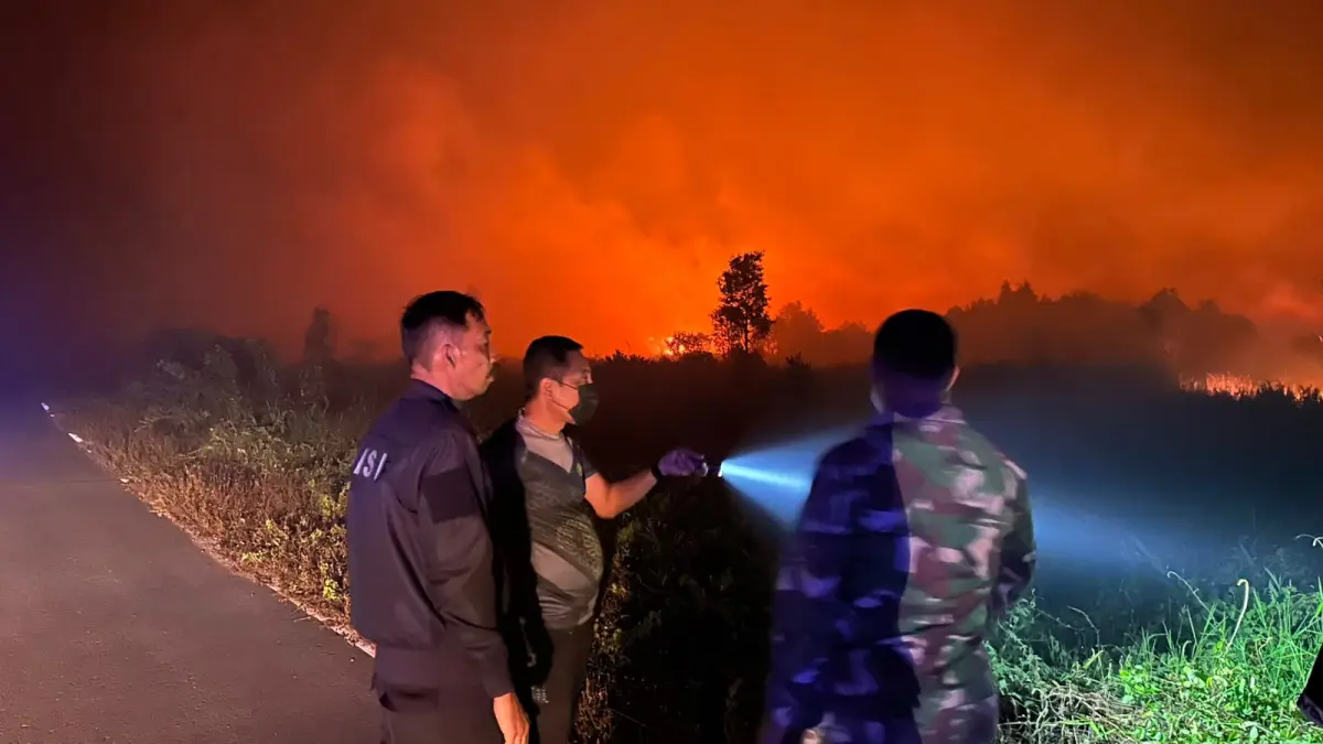 Karhutla terjadi di perbatasan Desa Teluk Mesjid, Kabupaten Balangan, dengan Desa Beringin, Kecamatan Banjang, Kabupaten Hulu Sungai Utara. (Manggala Agni)