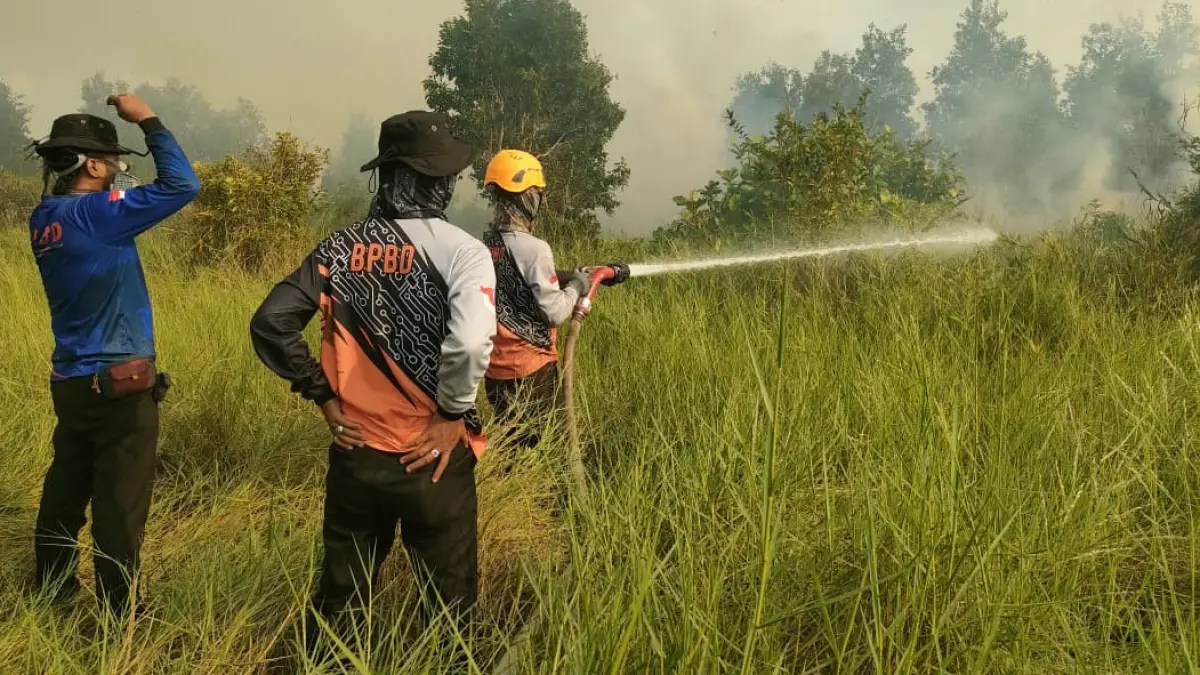 PADAMKAN: Personel gabungan saat memadamkan api yang membakar hutan dan lahan. BPBD Tapin mencatat selama tiga bulan terakhir terdapat 1.335 titik panas.