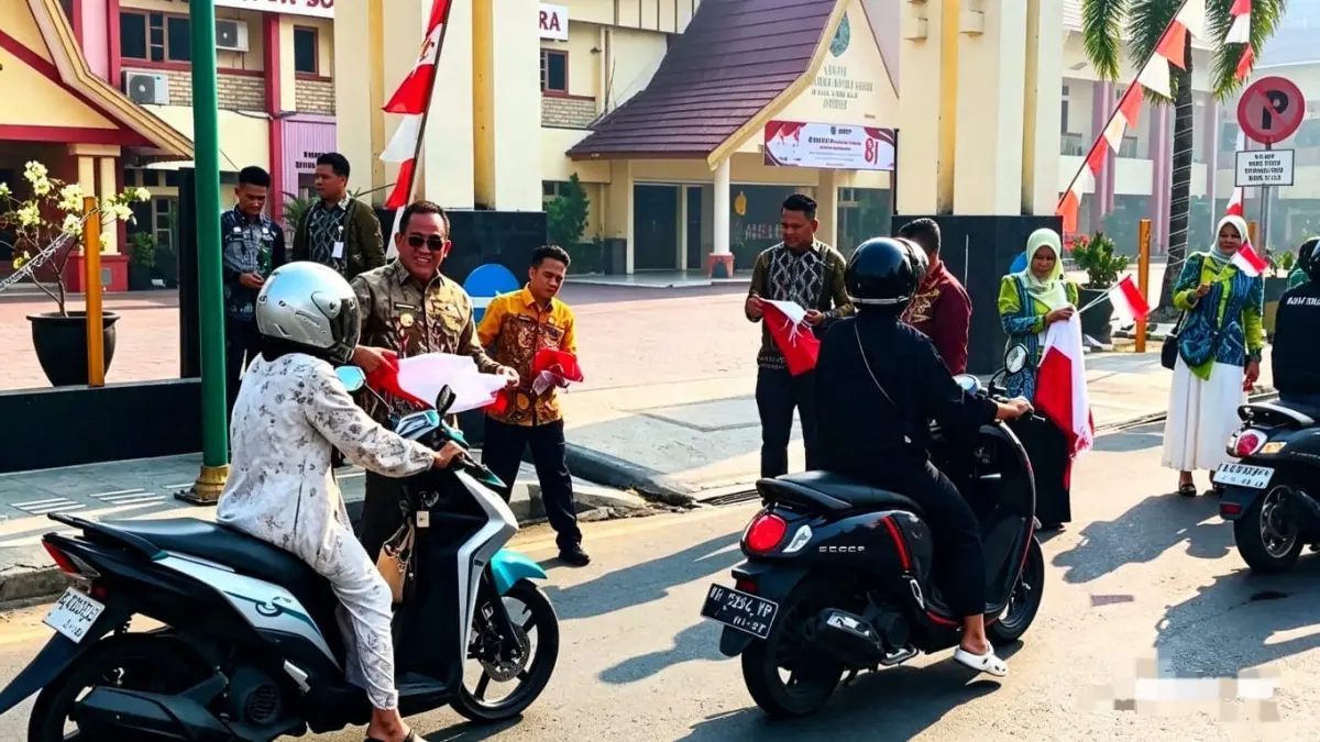 SEMANGAT KEMERDEKAAN: Bupati Kabupaten HSU, H Sahrujani turun langsung membagikan Bendera Merah Putih kepada warga, Kamis (6/8/2026).(Foto: Pemkab HSU)