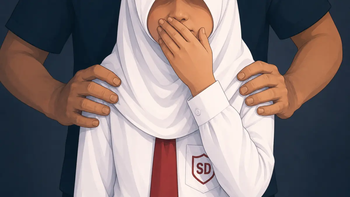 ILUSTRASI: Reka kejadian dugaan kekerasan seksual terhadap siswi SD di Banjarmasin. (Ilustrasi: AI)
