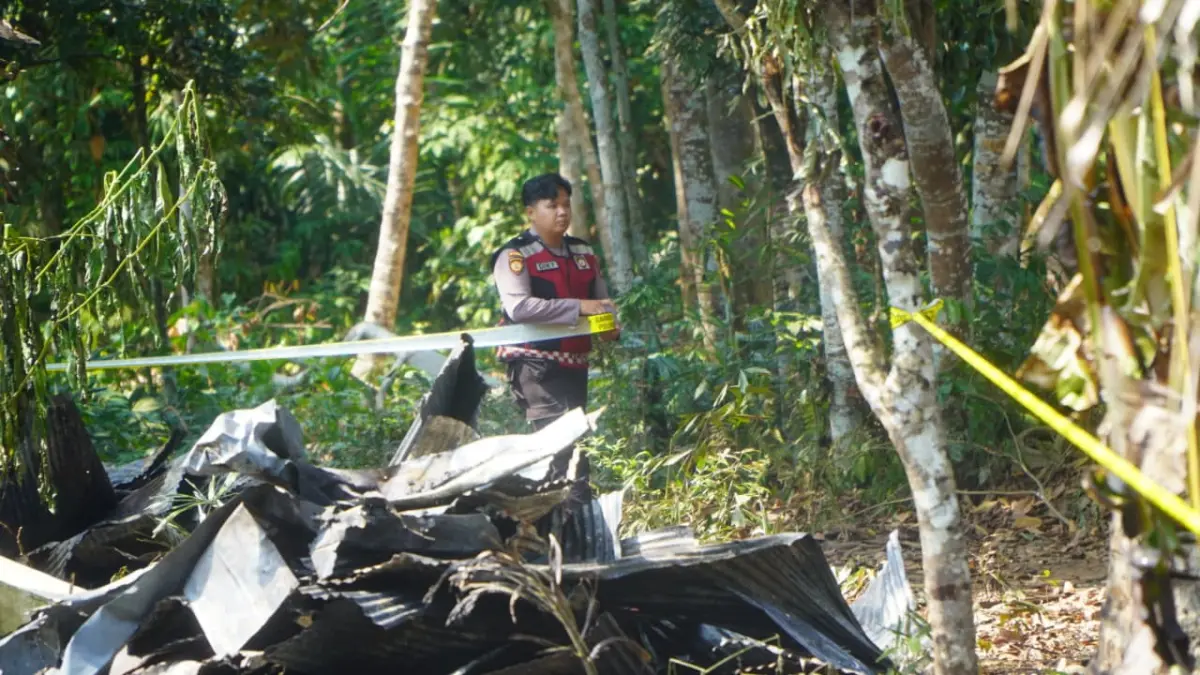 SISA KEBAKARAN: Kondisi puing bangunan rumah kayu milik warga Desa Mantimin yang terbakar setelah dibiarkan kosong selama sepuluh tahun. (Polres Balangan untuk Radar Banjarmasin)