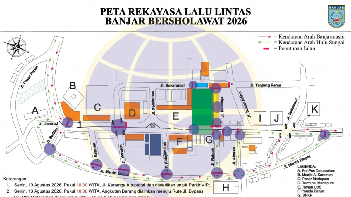 REKAYASA: Ilustrasi rekayasa lalu lintas Banjar Bershalawat di kawasan RTH Ratu Zalecha Martapura. Sejumlah jalur alternatif disiapkan Dishub Kabupaten Banjar untuk mengantisipasi kepadatan kendaraan. (DISHUB KABUPATEN BANJAR)