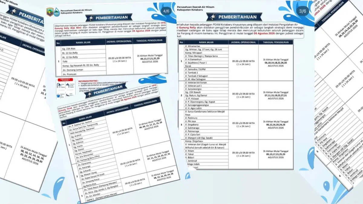 PENGUMUMAN: Jadwal jadwal pendistribusian yang dikeluarkan PDAM Kotabaru.