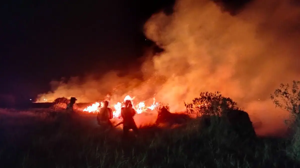 PADAMKAN: Kebakaran lahan yang terjadi di Kecamatan Tapin Tengah dipadamkan tim gabungan hingga malam hari.