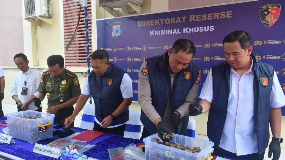 KONFERENSI: Polda Kalsel mengungkap penyelundupan 64 kilogram sisik trenggiling dan mengamankan dua terduga pelaku di Banjarmasin. (Foto: Humas Polda Kalsel untuk Radar Banjarmasin)
