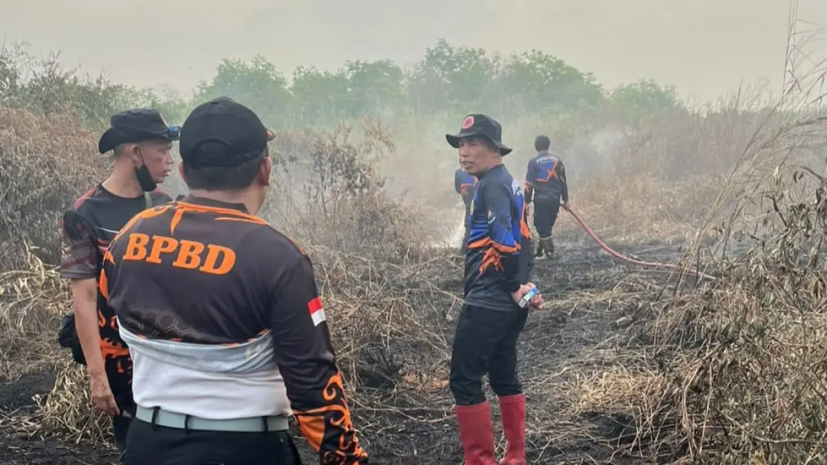 BERJIBAKU: BPBD dan Damkar HST saat berjibaku memadamkan titik api.