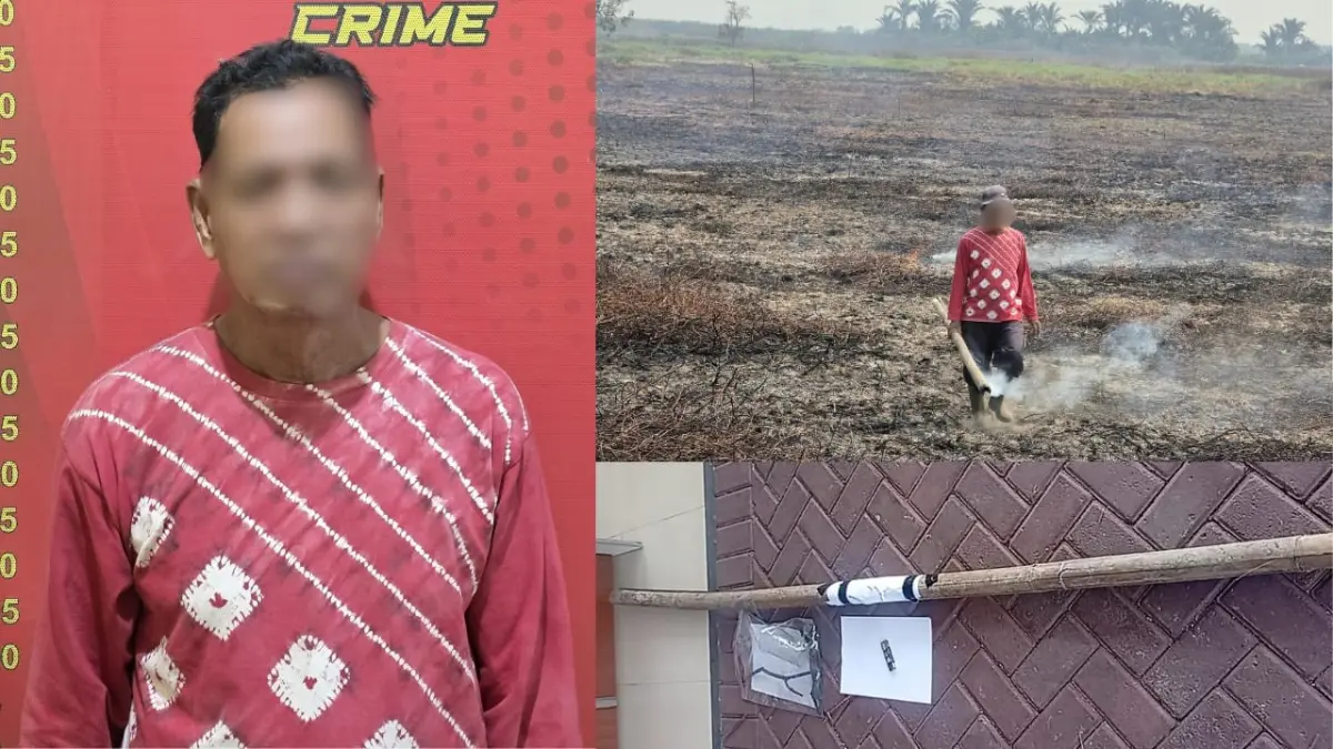 DIAMANKAN: DRG (63) diamankan polisi beserta barang bukti saat membakar lahan di Amparaya pada Kamis (20/8/2026). 