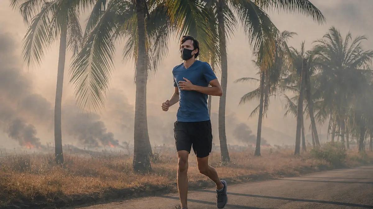 UDARA BURUK: Kondisi kabut asap yang menyelimuti kawasan Banjarmasin dan sekitarnya akibat kebakaran hutan dan lahan (karhutla) yang melanda beberapa wilayah di Kalimantan Selatan. Fisioterapis olahraga mengingatkan masyarakat untuk lebih bijak dalam berolahraga di tengah kondisi udara yang memburuk. (Ilustrasi AI)