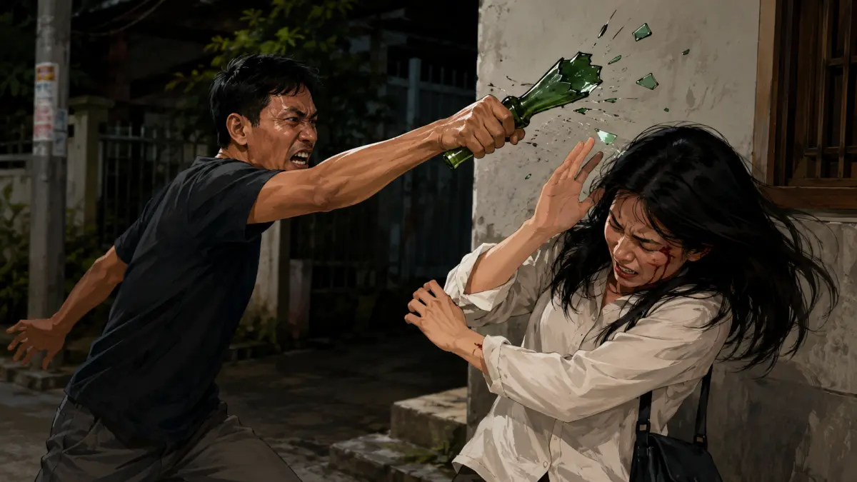 SERANGAN: Ilustrasi seorang IRT yang diserang menggunakan pecahan botol kaca oleh pria mabuk. (Ilustrasi: AI)
