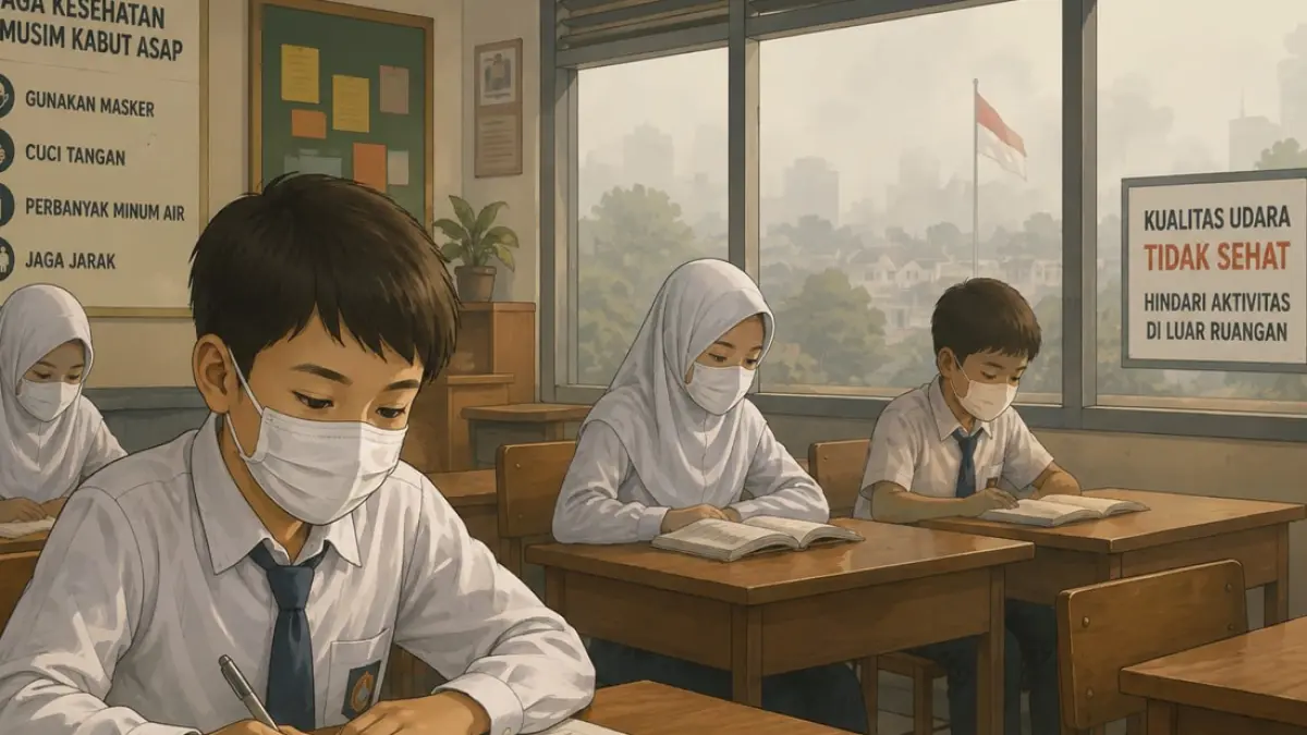 ILUSTRASI: Siswa belajar di ruang kelas menggunakan masker di tengah situasi kabut asap. 
