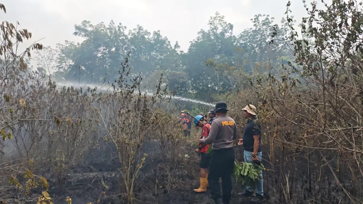 Petugas gabungan saat berupaya memadamkan kebakaran lahan yang terjadi secara beruntun di salah satu dari tiga titik lokasi di Kabupaten Balangan, Selasa (25/8). (Wahyudi untuk Radar Banjarmasin)