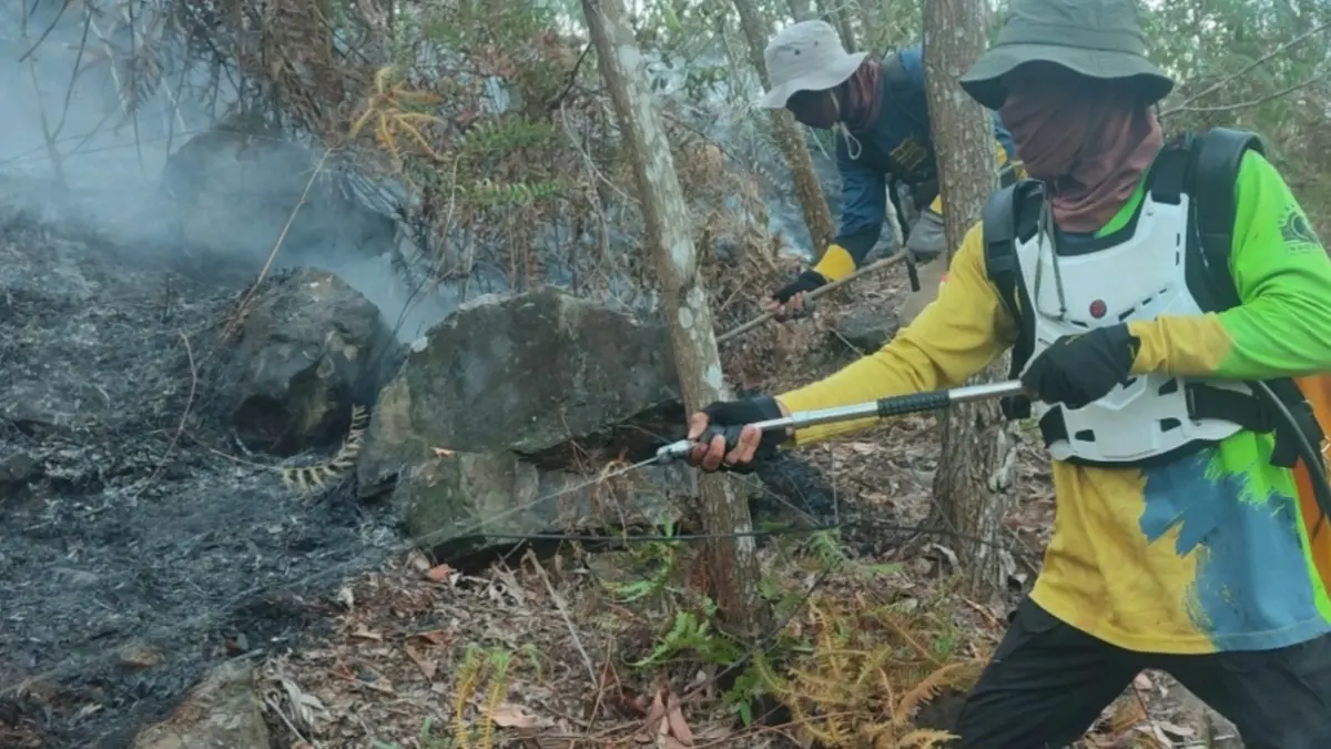 KOLABORASI: Tim Arutmin bersama Masyarakat Peduli Api (MPA) melakukan pemadaman Kebakaran Hutan dan Lahan (Karhutla) di area rehabilitasi Daerah Aliran Sungai (DAS).