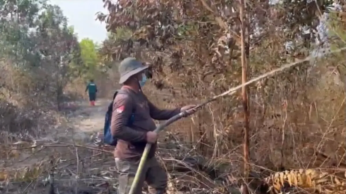 PADAMKAN KARHUTLA: Personel Dishut Kalsel melakukan pemadaman karhutla di kawasan hutan lindung.(Foto: Dishut Kalsel)