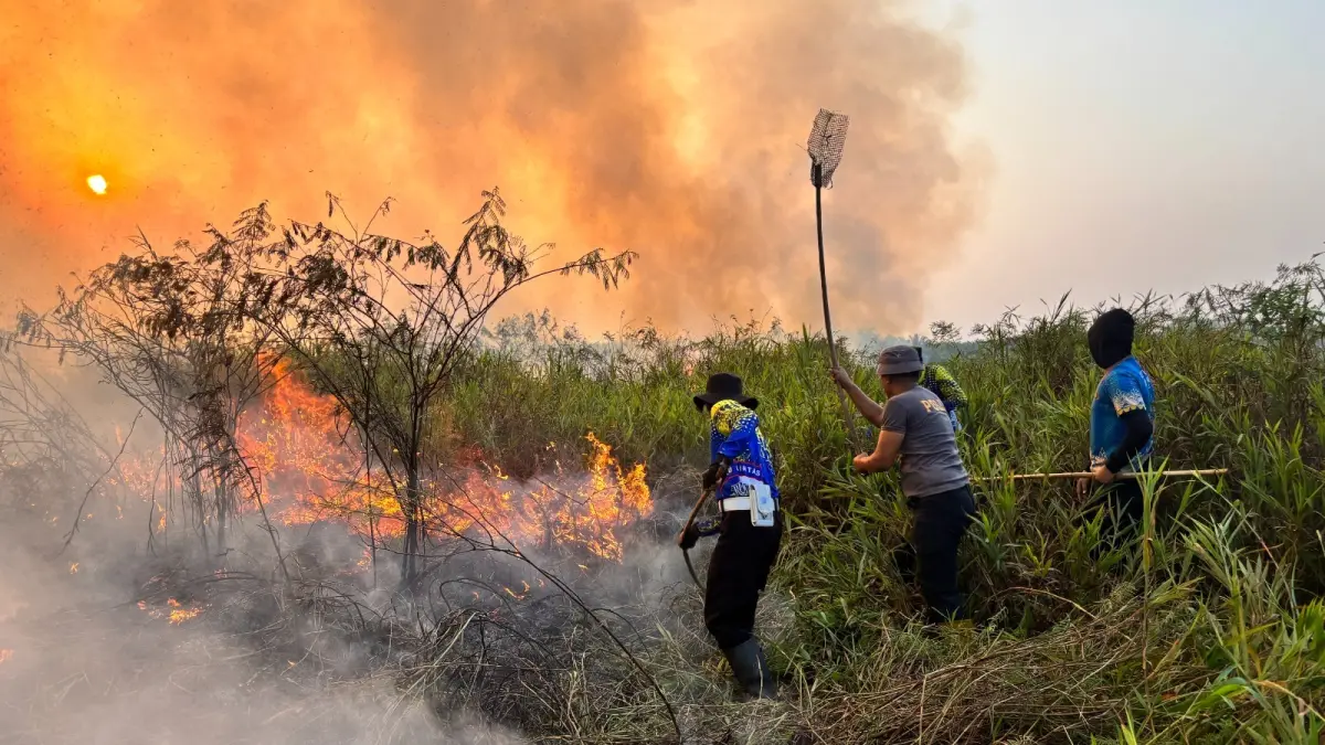 UPAYA: Tim gabungan Polres HSU, TNI, BPBD, Manggala Agni, dan masyarakat berjibaku memadamkan karhutla di Desa Pulau Damar, Kecamatan Banjang. (Foto: Polres HSU)