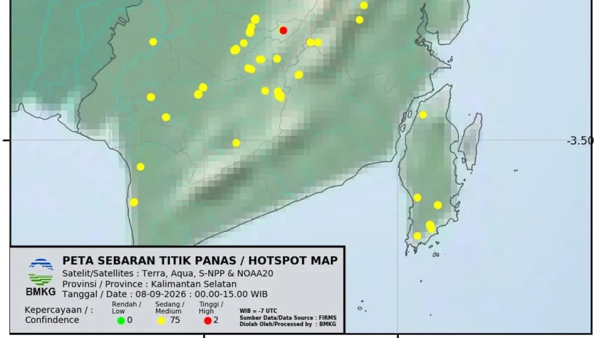 HOTSPOT: Sebaran 34 titik panas di Kalimantan Selatan berdasarkan pemantauan satelit cuaca hingga Selasa (8/9/2026) sore. (Foto: BMKG Kalsel)
