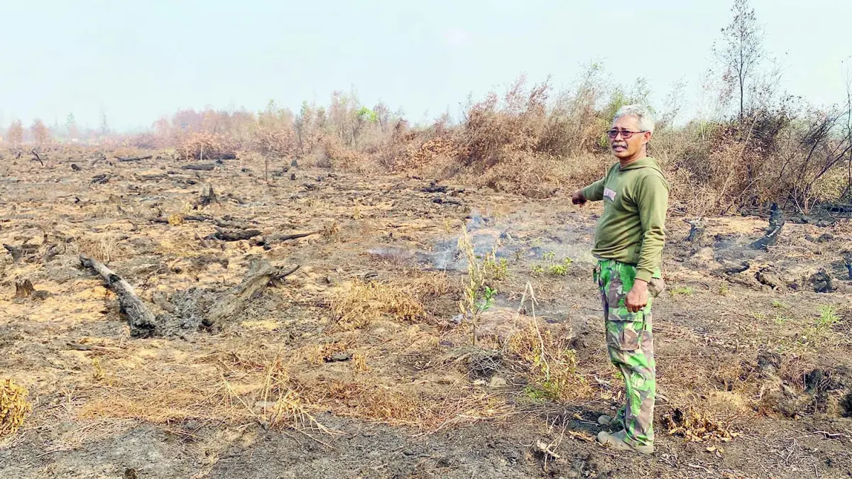 HANGUS: Bambang, guru SDN 2 Landasan Ulin Utara memperlihatkan kebunnya yang hangus terbakar.&nbsp;
(Foto: SHEILLA FARAZELA/RADAR BANJARMASIN)