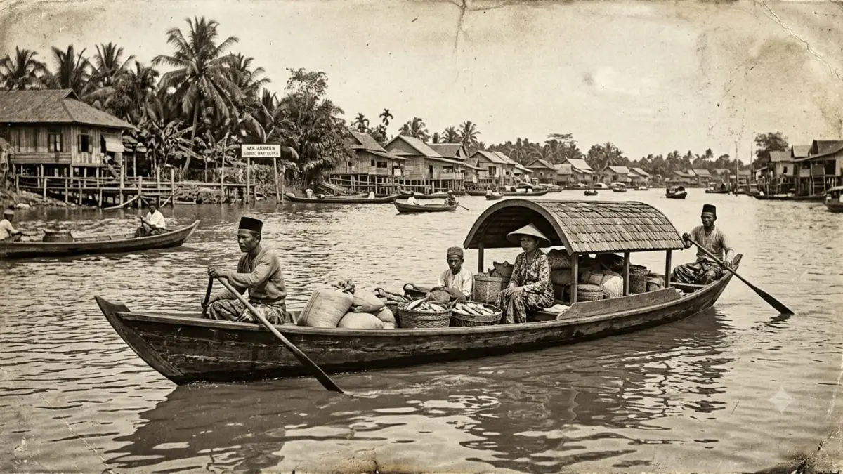 JUKUNG: Perahu tradisional masyarakat Banjar yang digunakan sebagai alat transportasi di sungai. (ilustrasi AI)