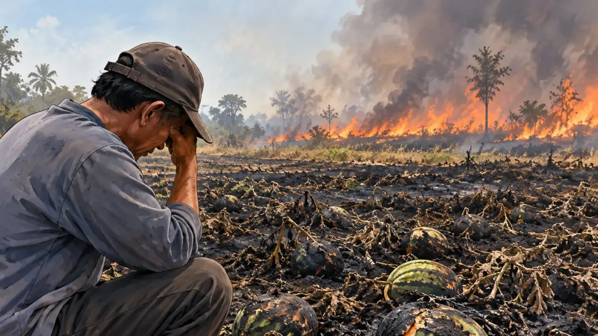 ILUSTRASI: Petani Semangka meratapi nasib kebun semangka nya yang hangus terbakar. (Foto: Chat GPT AI)