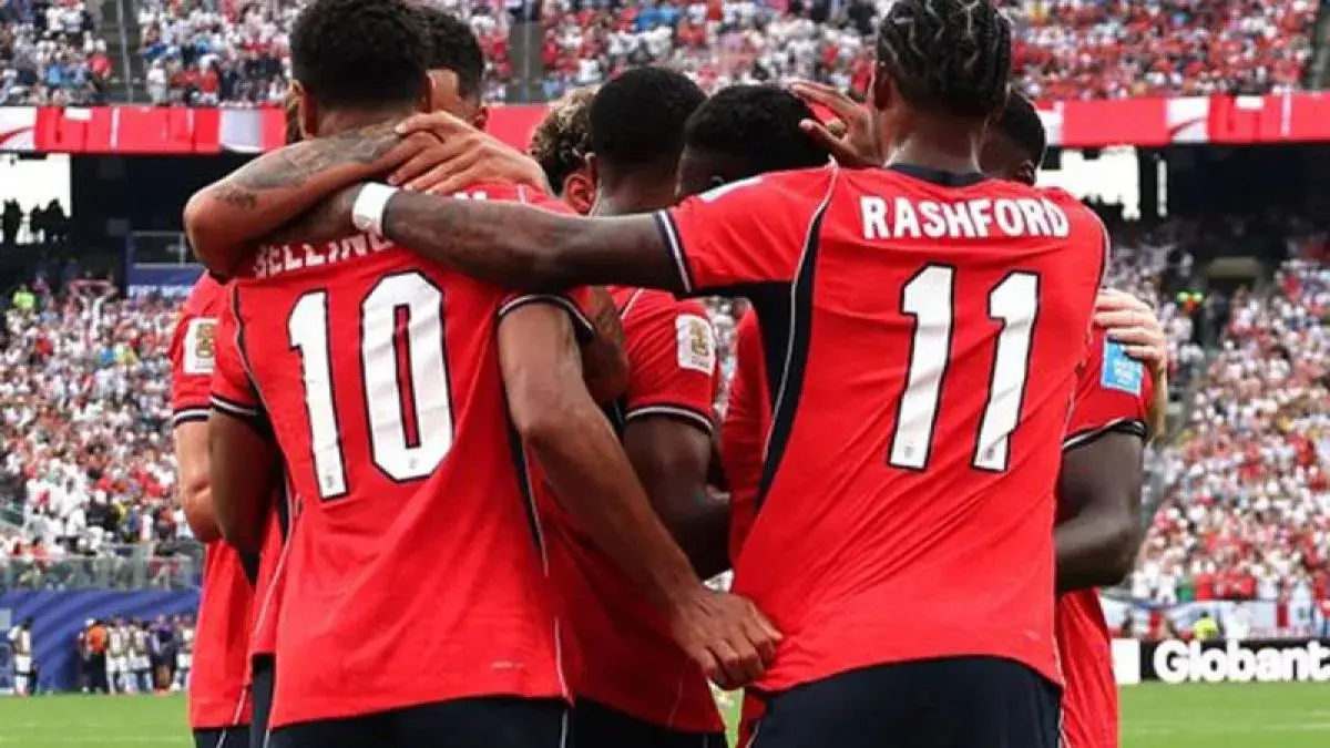 SELEBRASI: Para pemain timnas Inggris berselebrasi saat tercipta gol dalam sebuah laga.&nbsp;
(X/England)