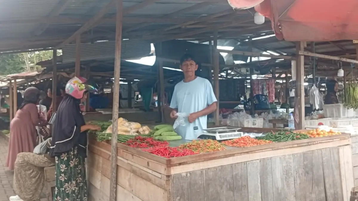 HARGA CABAI: Salah satu lapak pedagang sayur menjual cabai rawit di Pasar Kandangan, HSS.