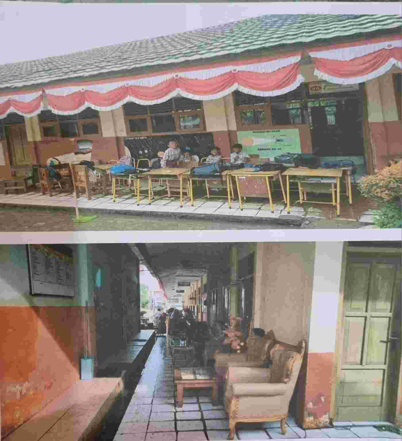 BERSIH-BERSIH: Murid-murid SD 002 Penajam, PPU, membersihkan ruangan setelah banjir.(dok sdn 002 penajam/kp)