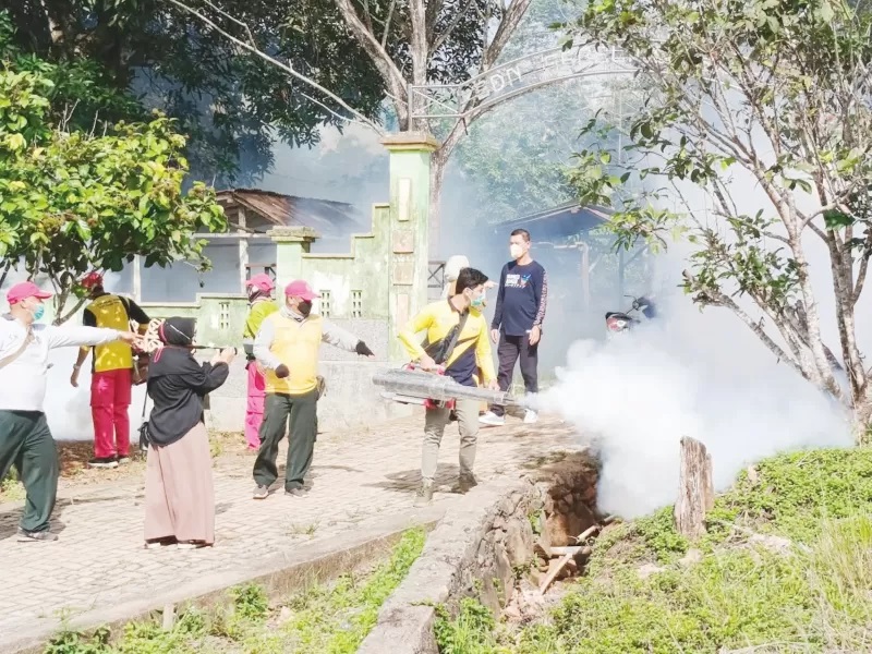 PENCEGAHAN: Dinas Kesehatan Kotabaru melakukan pengasapan ke rumah warga dan sekolah yang ada di Desa Sebelimbingan.