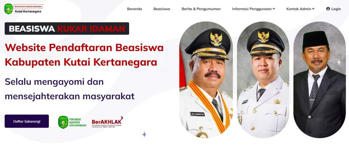 Penampakan laman web Beasiswa Kukar Idaman yang sudah membuka pendaftaran untuk tahap pertama.