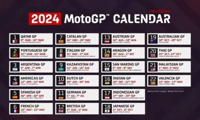 Kalender Sementara gelaran MotoGP 2024. (motogp.com)